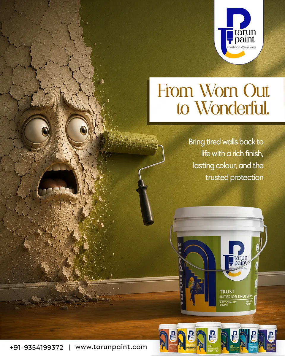 Tarun Paints worn wall repair creative featuring Trust interior emulsion